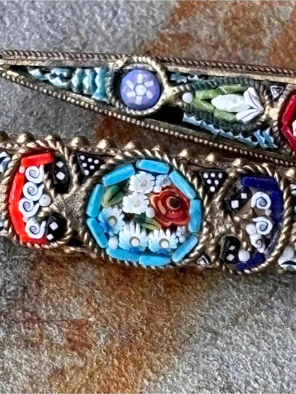 Vintage Italian Micro Mosaic Brooch Pair Floral Millefiori Art Pins Cottagecore